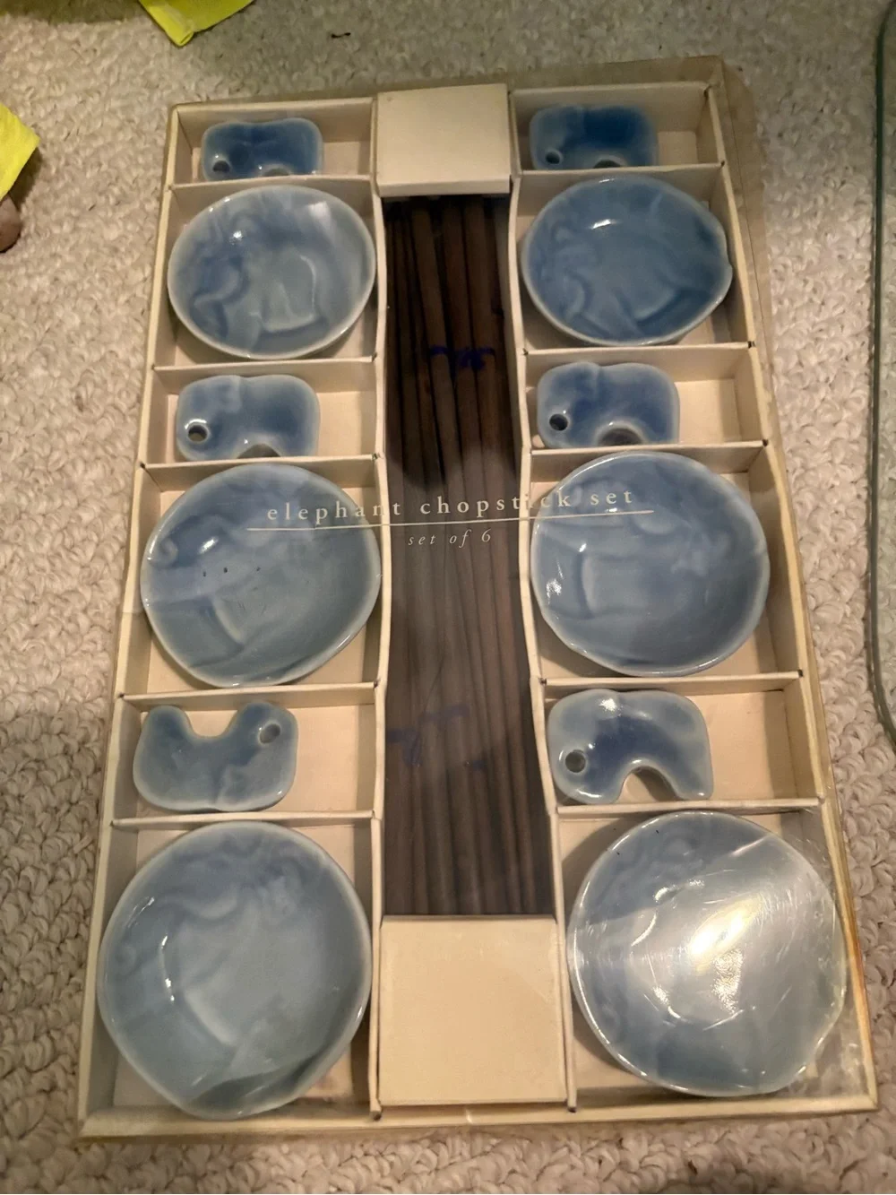 Elephant Chopstick Set - Blue Ceramic Appetizer Plates & Holders (Set of 6) nwt